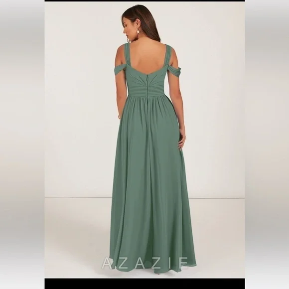 NEW Azazie Womens Bridesmaid Dress Lianne Jungle Green Long Chiffon Size A6 NWT - Picture 2 of 11